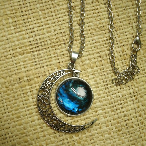 Crescent Moon with Galaxy Cabochon Dangle Necklace - Picture 12 of 13